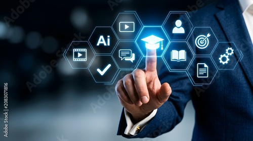Close Up of Businessman Selecting AI Education Icon on Screen