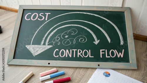 Cost Control Flow Concept on Chalkboard with Arrows and Handwritten Text in Office Environment