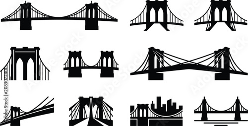 Brooklyn Bridge Silhouette Icon Set with New York City Landmark Suspension Architecture Symbols for Vector Travel Designs