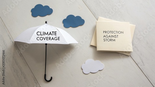 Creative illustration of climate coverage concept with umbrella, clouds, and notes on protection against storm impact
