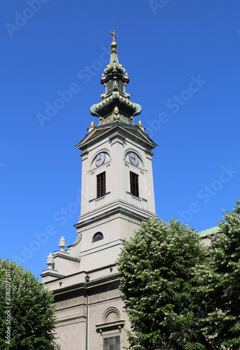 Bell Tower of The Belgrade Cathedral with Clocks with Blue Sky Background in Belgrade, Serbia