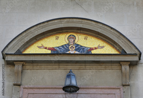 Entrance details with  Virgin Mary and Baby Jesus Christ  of The Cathedral Church in Belgrade, Serbia