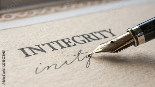 Elegant fountain pen writing the word integrity on textured paper with a sophisticated design surrounding it