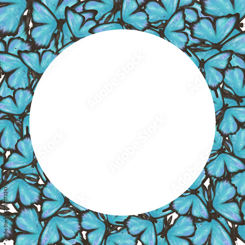 Elegant blue butterfly frame with large circular copy space surrounded by delicate wings. Decorative nature background for greeting cards, invitations, posters, banners and branding