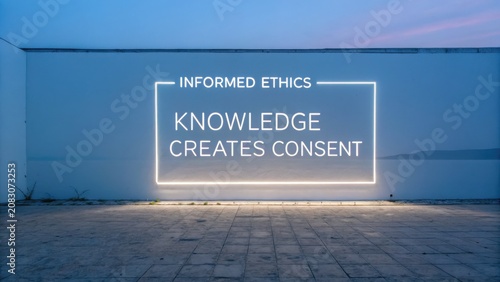Illuminated Neons Displaying Informed Ethics and Knowledge Creates Consent on a Minimalist Wall Under Clear Sky