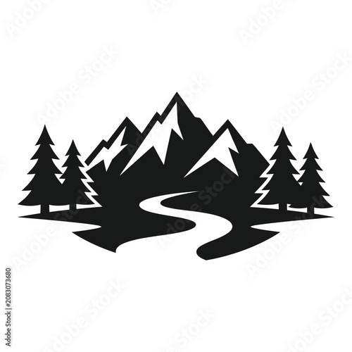 Foto Black silhouette of mountain landscape with trees and river  scenic natural envi