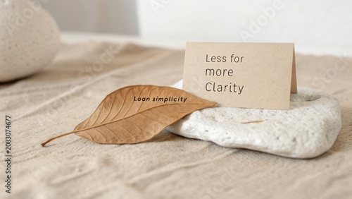 Minimalist desk scene with business card featuring simplicity quote on natural texture background for aesthetic inspiration