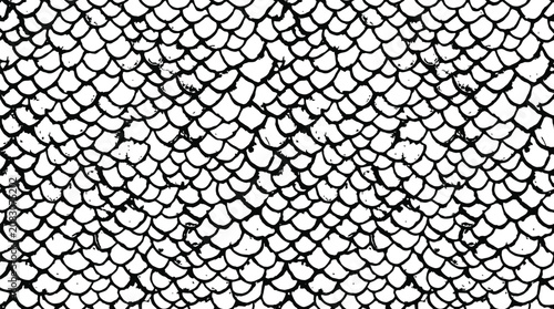 Hand drawn fish scale pattern with black ink outline texture on grey grid background illustration.