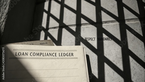 Shadow Patterns on a Staircase with an Open Loan Compliance Ledger Highlighting Respect Boundaries Message