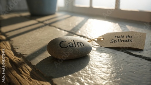 Smooth stone with the word calm on it, alongside a tag with a motivational quote about embracing stillness and tranquility.