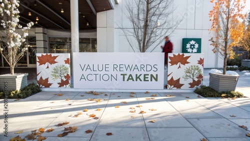 Value Rewards Action Taken Signage Display at Modern Urban Facility with Seasonal Leaves on Pavement and Bright Exterior