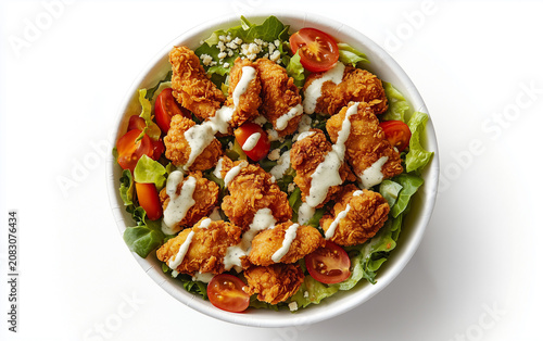 caesar salad with fried chicken meat in paper take away container isolated on white background, top view