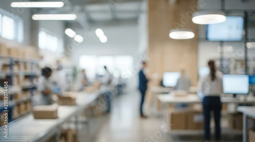 Warehouse logistics distribution center blurred background industrial interior office workplace shipping fulfillment storage facility