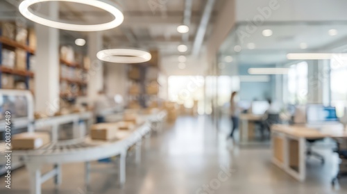 Blurred warehouse office interior modern industrial workplace logistics distribution center corporate background conveyor belt workspace technology