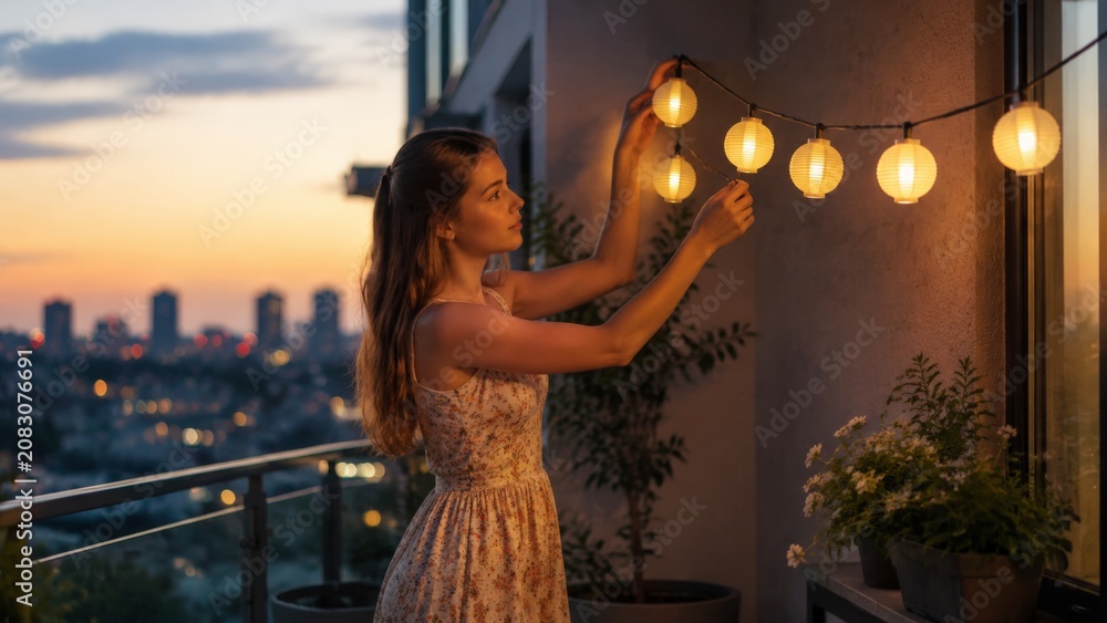 Fototapeta premium A woman wearing a floral dress hangs a string of small, illuminated white paper lanterns on her balcony overlooking a glowing city at sunset