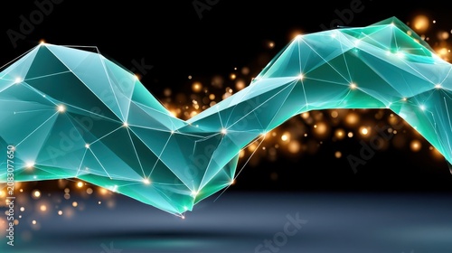 Glowing teal geometric low-poly network mesh dissolving into particles with futuristic digital connections