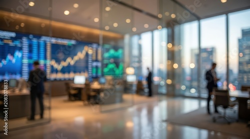 blurred office trading floor stock market charts financial corporate business background interior modern workspace technology banking investment