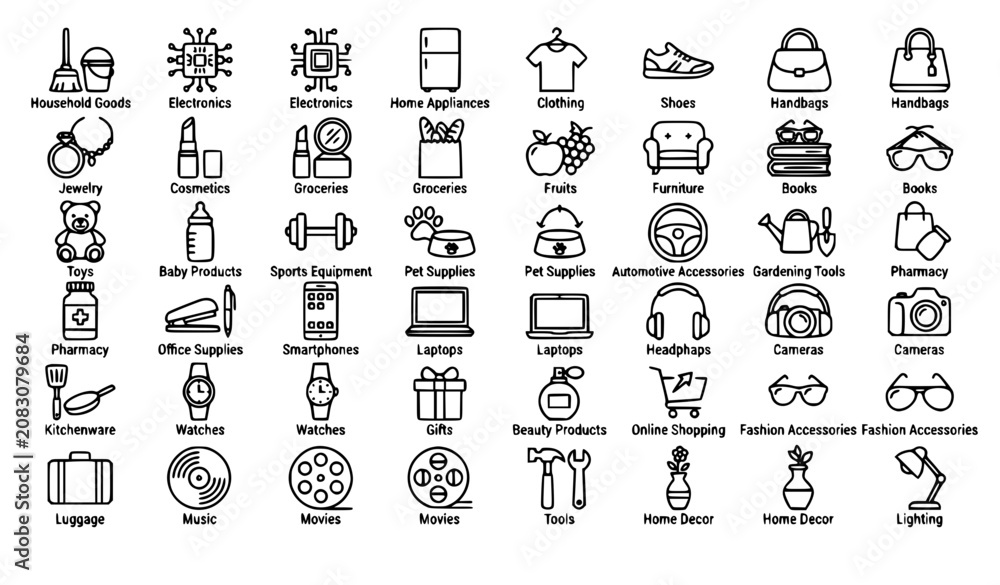 Obraz premium Marketplace Category Icon Pack with Shopping Electronics Household Goods and Retail Outline Symbols