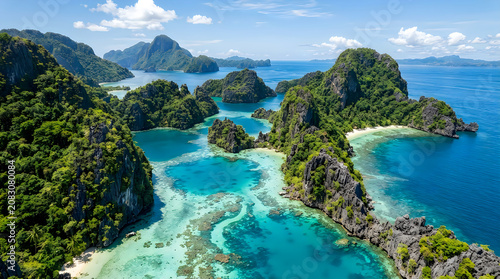 Tropical island with turquoise lagoon and lush greenery