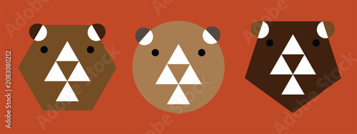 Modern geometric bear face icon collection featuring three minimalist bear designs created from simple abstract shapes in different brown color palettes. This clean vector illustration is perfect for 