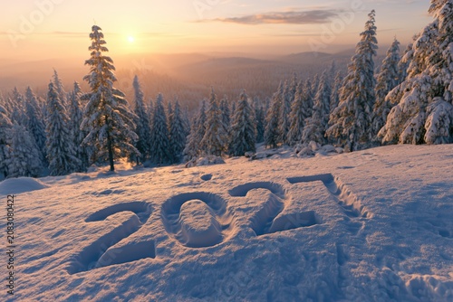  New Year celebration, 2027 carved into fresh snow, mountain forest at sunrise, peaceful winter landscape