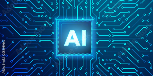 Schilderij op canvas Central artificial intelligence microchip on glowing blue circuit board background with radiant data lines