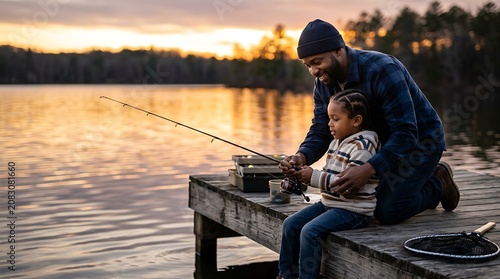 Father and son fishing on a wooden pier during sunset at the lake