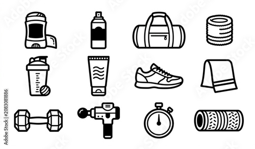 Bild auf Leinwand Mens sport grooming icons vector set bold line art active deodorant elements bla