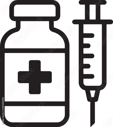 Medical vaccine vial and hypodermic syringe line art icon with healthcare