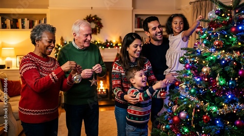 Happy diverse family decorating a christmas tree in a cozy home