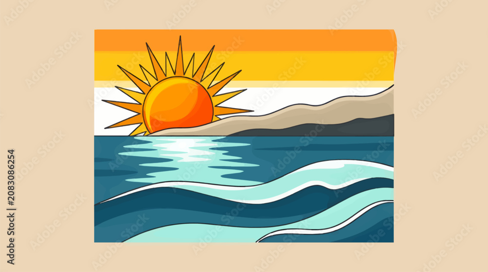 Obraz premium Flat Vector Illustration of Stylized Sunrise Over Wavy Ocean and Coastline, Bright Orange Sun with Rays, Blue Water with White Waves, Warm Sky with Horizontal Stripes, Minimalist Graphic Design