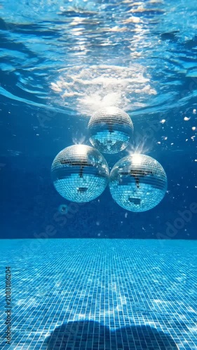 Floating Mirrored Disco Balls Submerged in Bright Blue Swimming Pool Refracting Sunlight on Tiled Floor