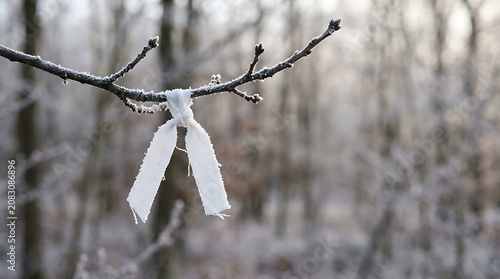 White cloth ribbon tied to a frosted tree branch in a winter forest
