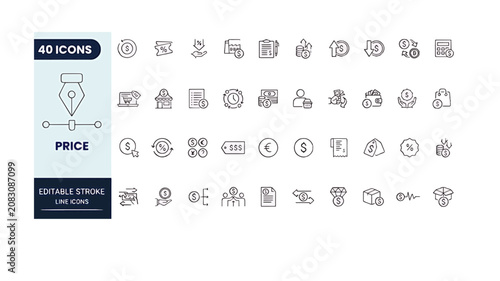 Fotografía Price and Finance Icon Set in Outline Style – Collection of Discount, Invoice, C
