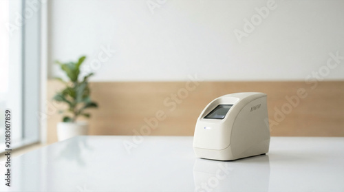 Compact electronic device on a white table with clean background