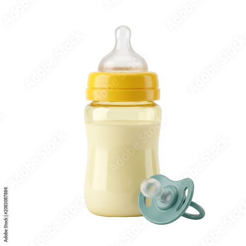 Baby Bottle with Milk and Pacifier Isolated on White Background
