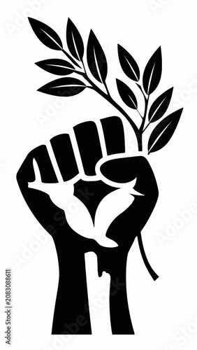 A clenched fist holding an olive branch symbolizing peace and resistance.