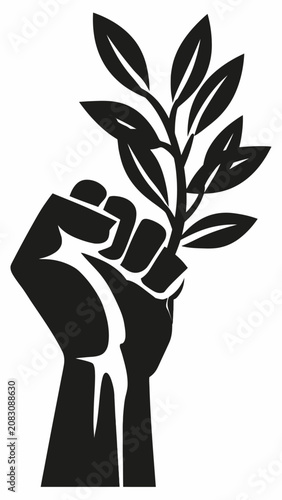 A raised fist holding a leafy branch symbolizing peace and activism.