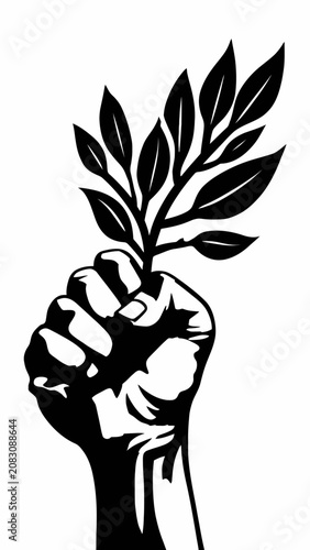 A clenched fist holding a branch with leaves.