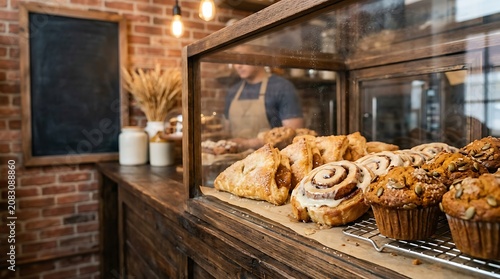 Variety of fresh baked goods in a rustic cafe display case