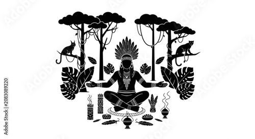 Photography Shaman Meditation in Jungle Vector Illustration
