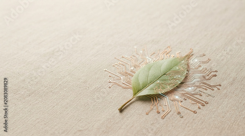 Green leaf with integrated futuristic circuit board for eco-friendly technology concept