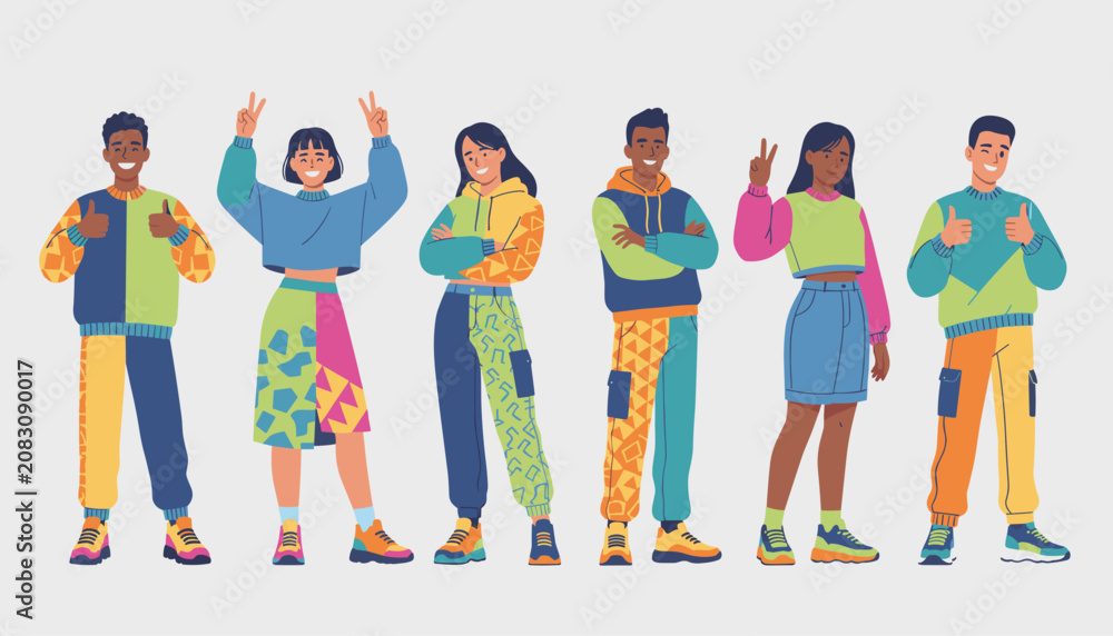Obraz premium Diverse young men and women posing confidently in colorful retro streetwear clothing with patterns and vibrant designs.