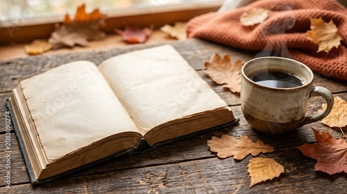 Open book with steaming cup of coffee on rustic table in autumn