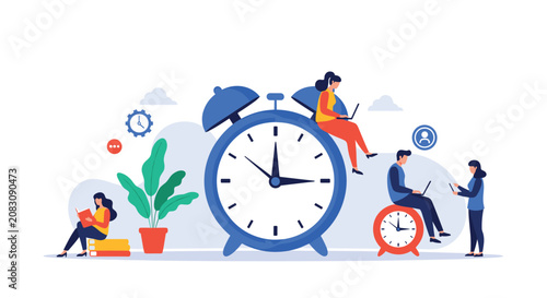 Business people manage time and schedules while working on laptops around a giant blue alarm clock in a flat style.