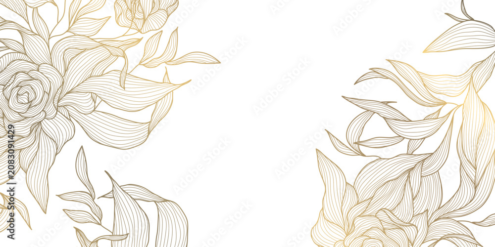 Fototapeta premium Luxury floral background with elegant golden line peonies, leaves, botanical ornament Chinese and Japanese art. Wedding invitations, greeting card, packaging, wallpaper, banner, corners