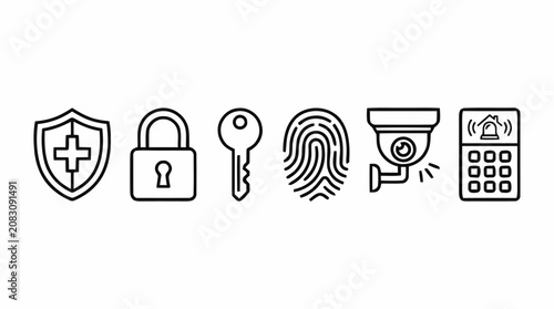 Photos Security icons including shield, lock, key, fingerprint, camera, and keypad on w