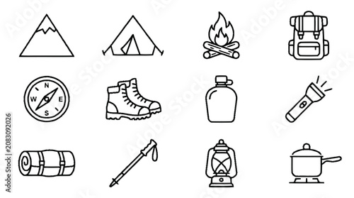 Canvas-taulu Camping icons depict a tent, campfire, and hiking gear in a scenic outdoor setting with mountains