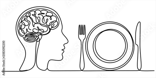 Continuous line drawing of human head brain and empty plate