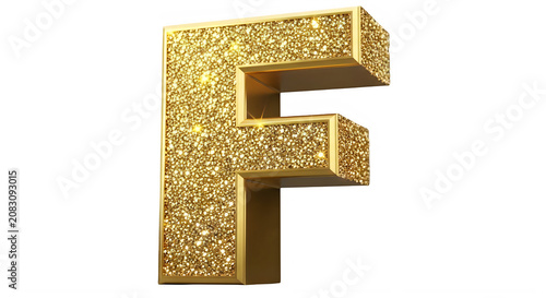 Golden glittery 3D letter F on white background transparent background